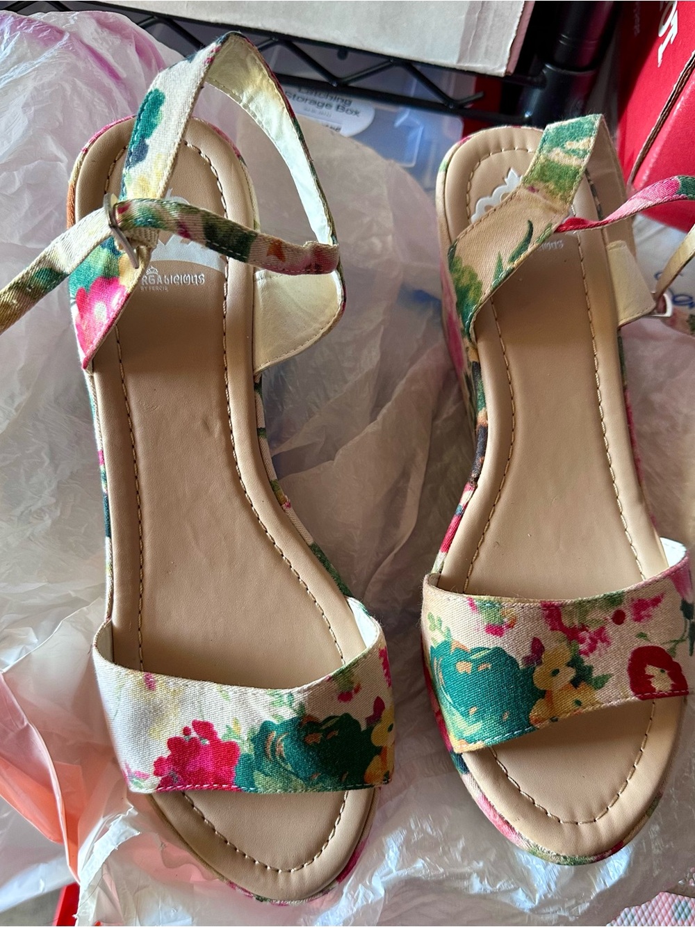 Fergalicious by Fergie Floral Ankle-Strap Sandals in Beige w/ Multicolor Flower